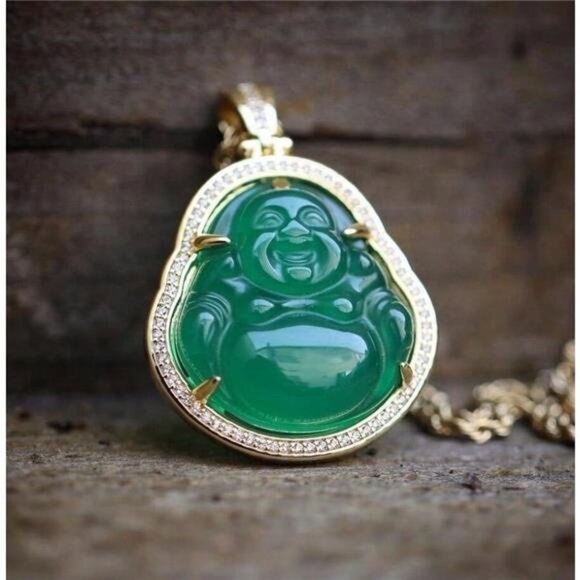 14K Gold Plated Green Jade Buddha Pendant Necklace With Lab Simulated Diamonds - Picture 1 of 6